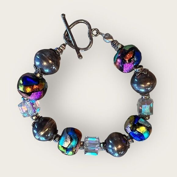 925 Solid Silver Ball Bracelet Artisan Dichroic Glass Large Facet Crystals 7.25” - Picture 3 of 11